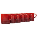 Set of 6 12 oz cerise Le Creuset stoneware London mugs displayed on a white background