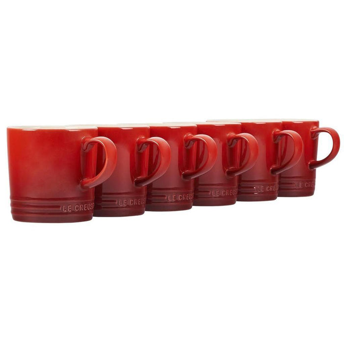 Set of 6 12 oz cerise Le Creuset stoneware London mugs displayed on a white background