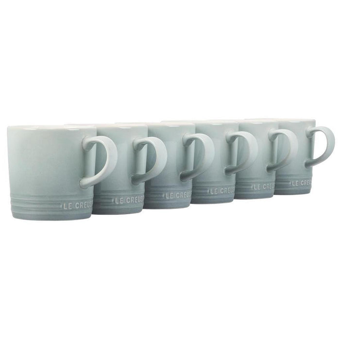 Set of 6 12 oz sea salt Le Creuset stoneware London mugs displayed on a white background