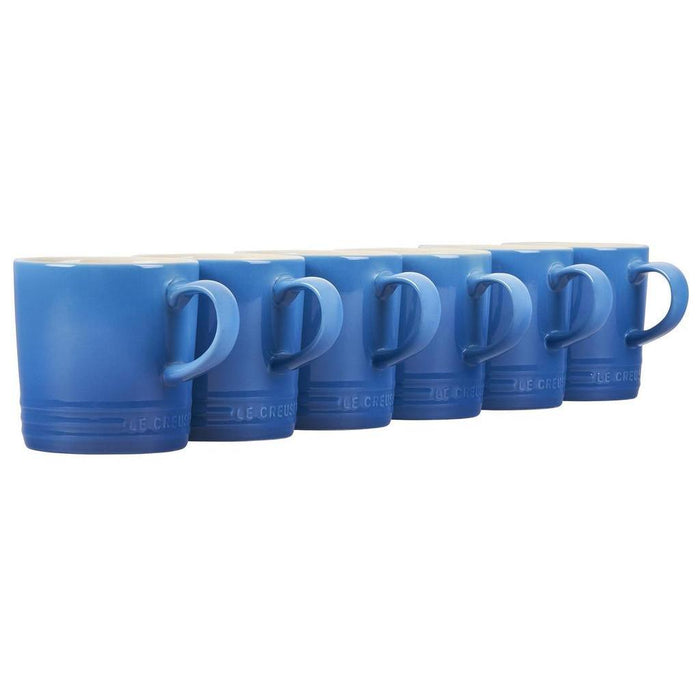 Set of 6 12 oz Marseille Le Creuset stoneware London mugs displayed on a white background
