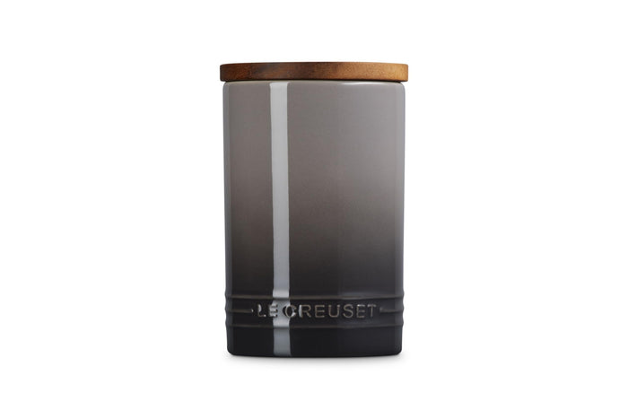 Oyster 16oz Le Creuset Stoneware Signature Canister with a wood lid on a white background