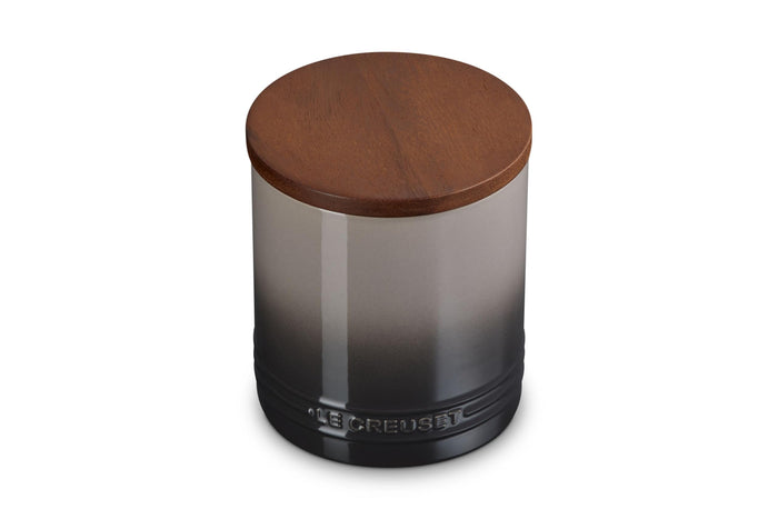 Oyster 1.2 qt Le Creuset Stoneware Signature Canister with a wood lid on a white background