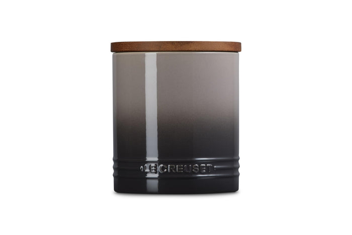 Oyster 16oz Le Creuset Stoneware Signature Canister with a wood lid on a white background