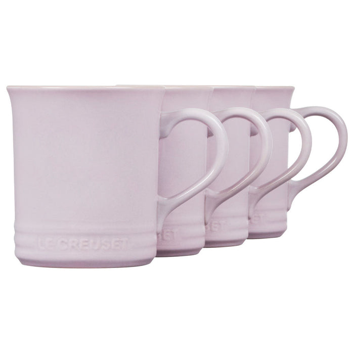 Set of 4 14 oz shallot stoneware mugs displayed in a diagonal row on a white background