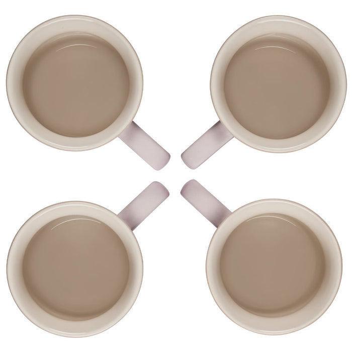 Top view of set of 4 14 oz shallot stoneware mugs displayed on a white background
