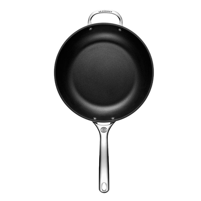 Top view of Le Creuset Toughened Nonstick PRO 11″ Deep Fry Pan displayed vertically on a white background