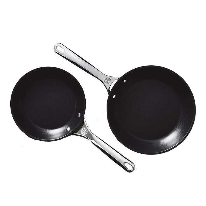 Top view of Le Creuset Toughened Nonstick PRO 2 Piece Set (9″ & 11″ Fry Pan) displayed on a white background