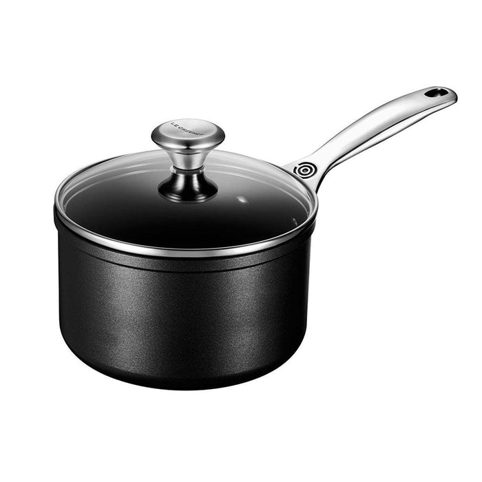 Le Creuset Toughened Nonstick PRO 2 qt. Saucepan with Glass Lid displayed on a white background
