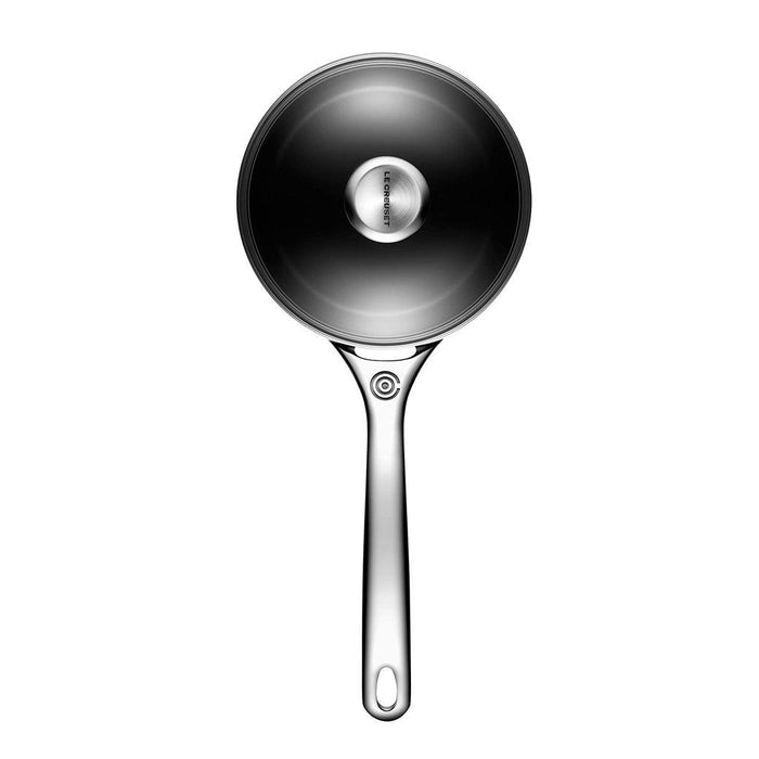 Le Creuset Toughened Nonstick PRO 2 qt. Saucepan with Glass Lid displayed vertically on a white background