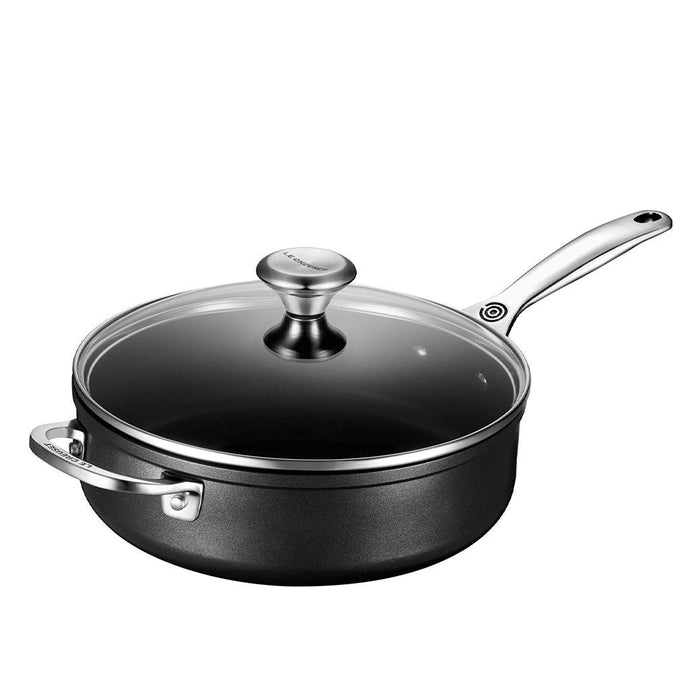 Le Creuset Toughened Nonstick PRO saucepan with glass lid displayed on a white background