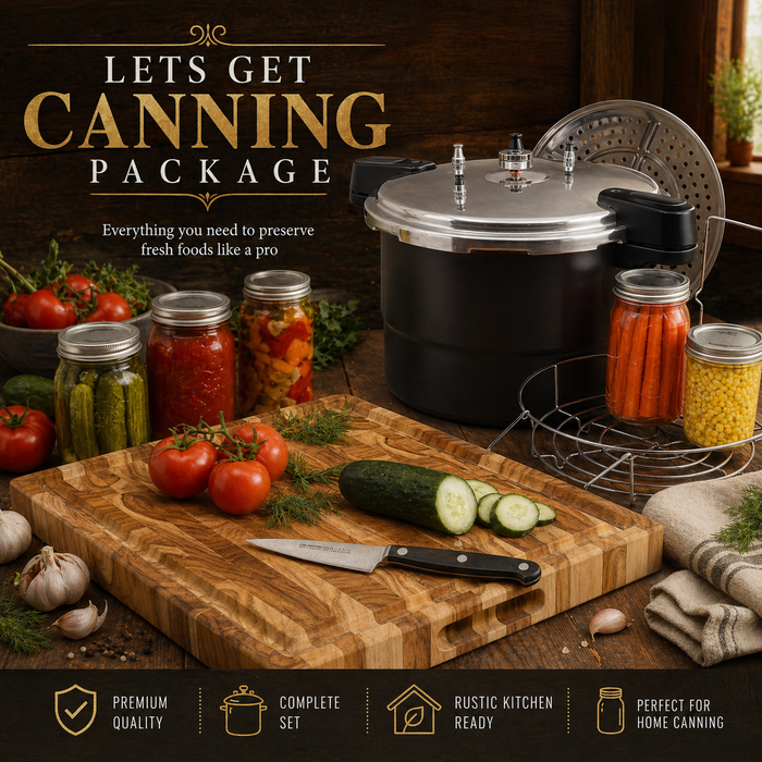Canning package with a pressure cooker, cutting board, knife,  jars, and fresh vegetables on a rustic kitchen counter.