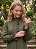 Long Sleeve Ruffled Pleated Cotton Blouse, Olive