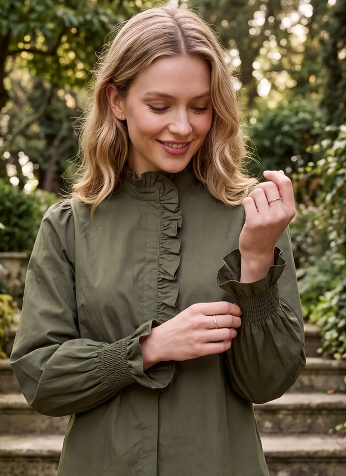 Long Sleeve Ruffled Pleated Cotton Blouse, Olive