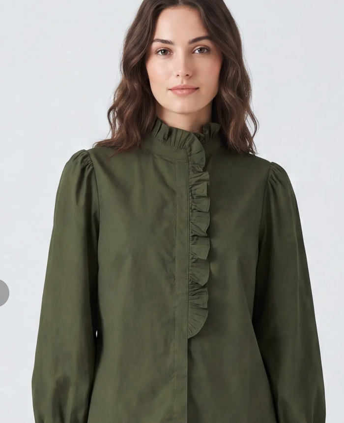 Long Sleeve Ruffled Pleated Cotton Blouse, Olive
