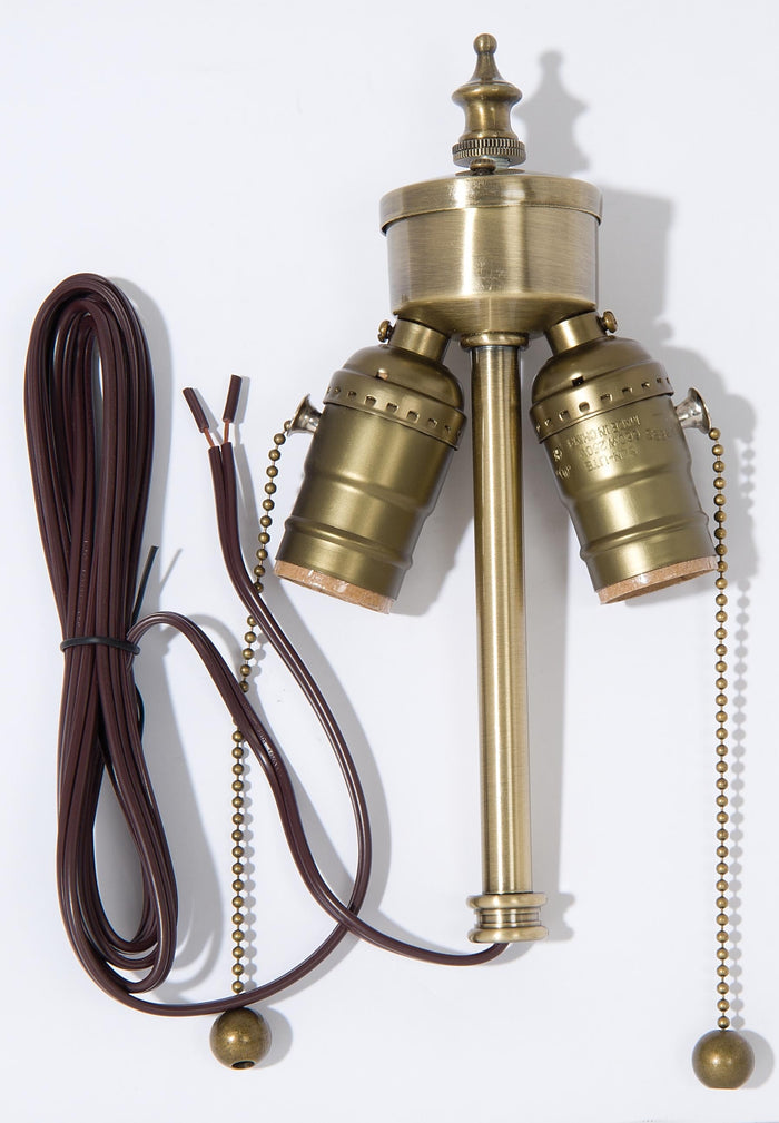 Medium Base (E26) Two Light Pull Chain Lamp Cluster With Lead, Antique Brass