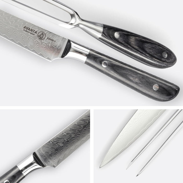 Collage of a carving knife and fork with wooden handles on a white background, featuring the Avanta brand.