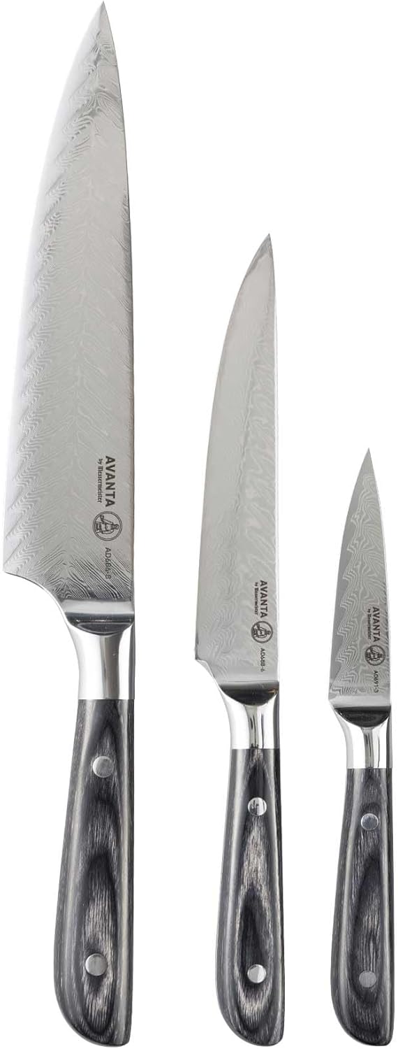 Set of three knives with black handles on a white background