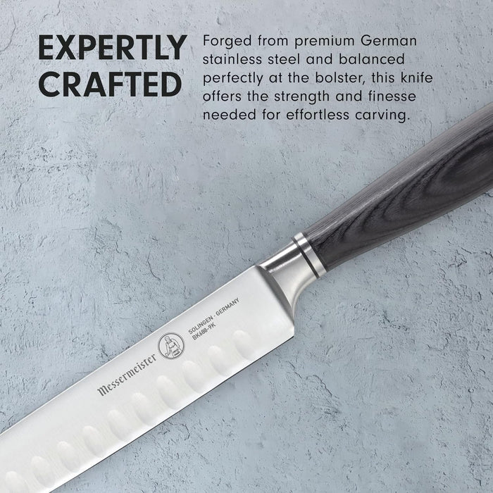 Knife with text about its craftsmanship and materials on a gray background