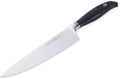 Chef's knife with a black handle on a white background
