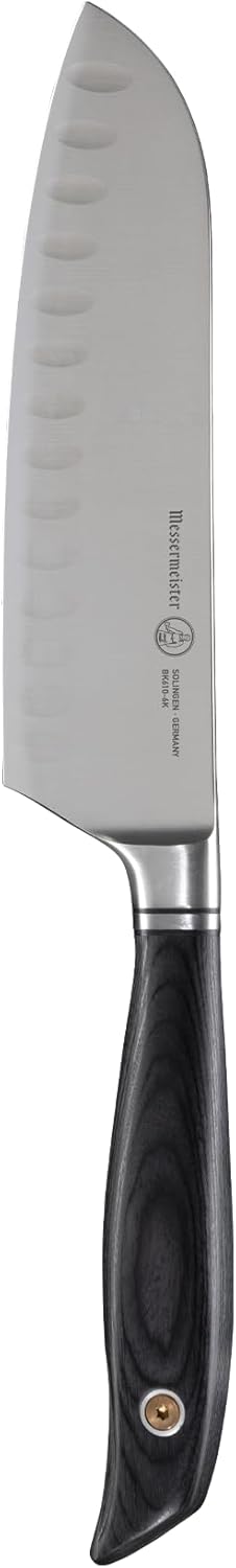 Santoku knife with black handle and silver blade on a white background