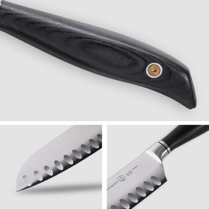 Collage of a knife with a black handle and silver blade on a white background
