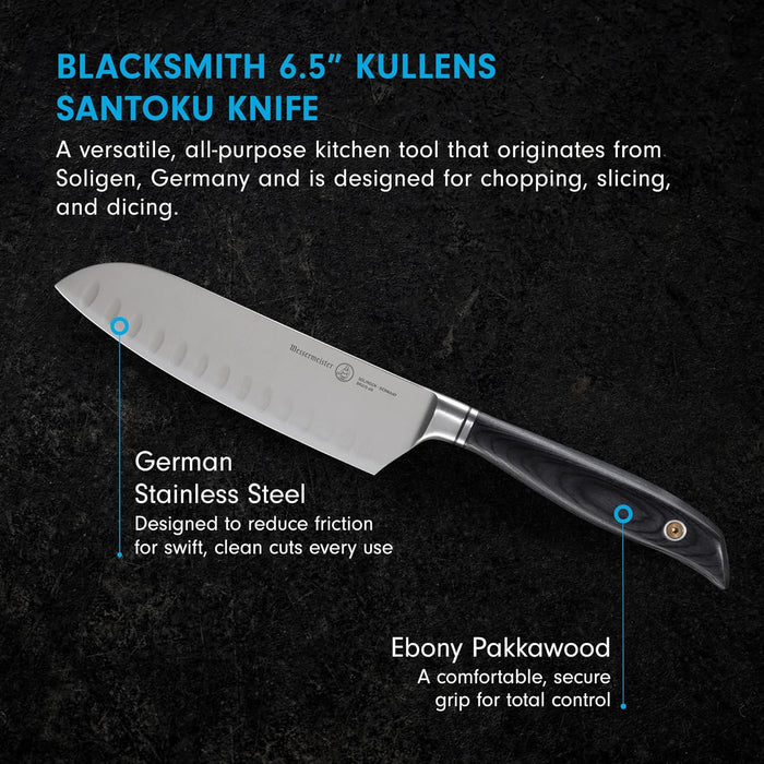Blacksmith 6.5" Kullens Santoku Knife with text on a dark background