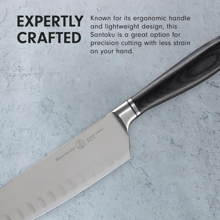 Santoku knife with text on an gray background