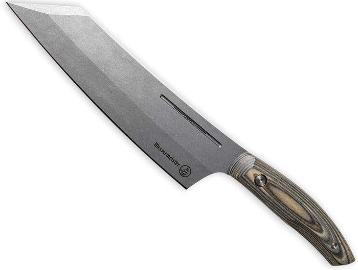 Chef's knife with a textured, wooden handle on a white background