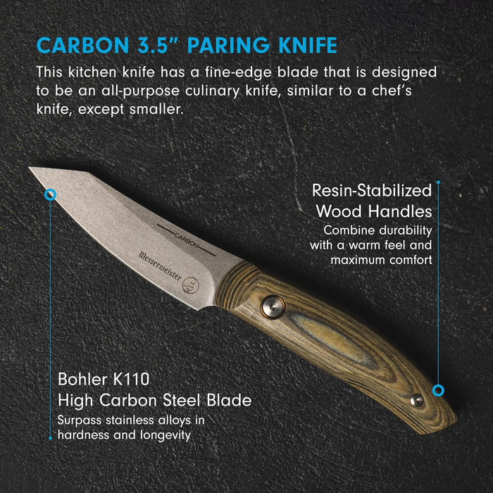 Carbon 3.5” paring knife with text on a dark background