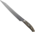 Serrated knife with a wooden handle on a white background