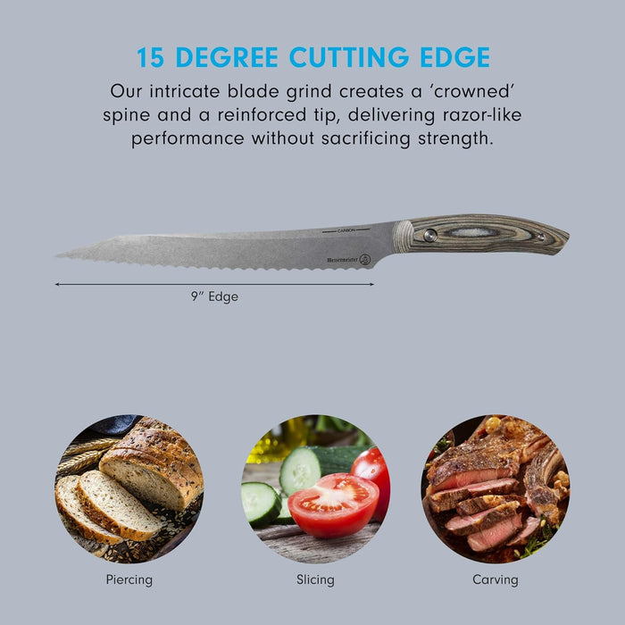 Bread knife with text about blade grind accompanied with images of food and uses on a gray background