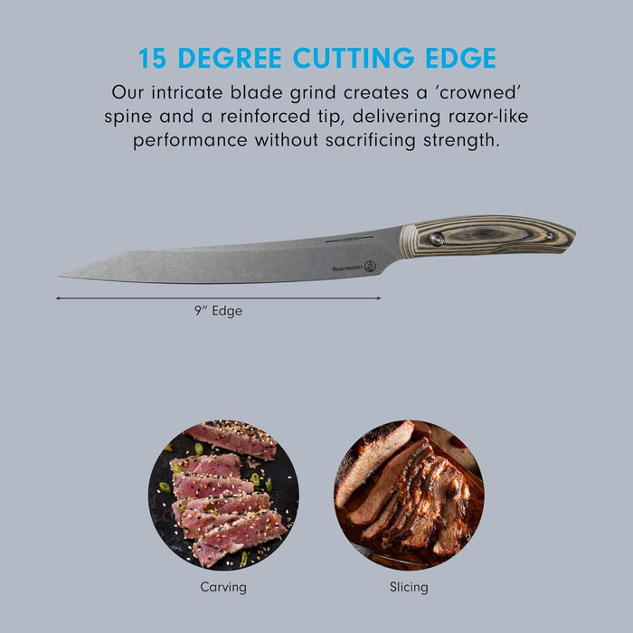 Knife with text about blade grind and uses accompanied with images of food on a gray background
