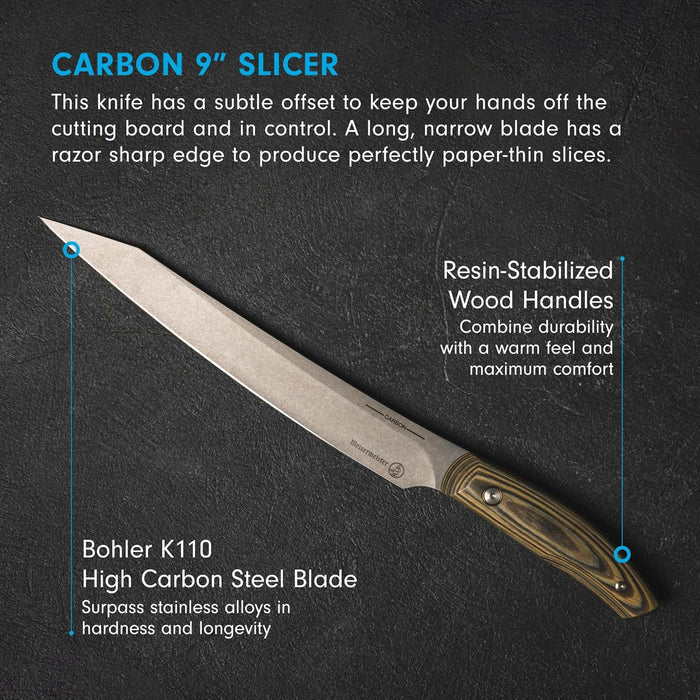 Carbon 9” Slicer knife with text on a dark background