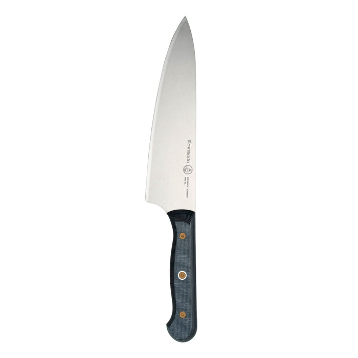 Chef's knife with a black handle on a white background