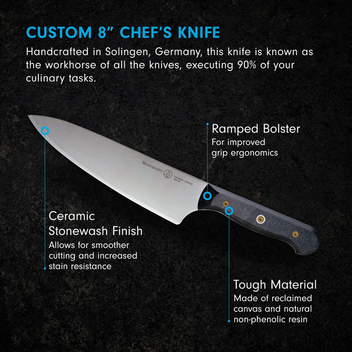 8 inch chef knife with description displayed on a black background