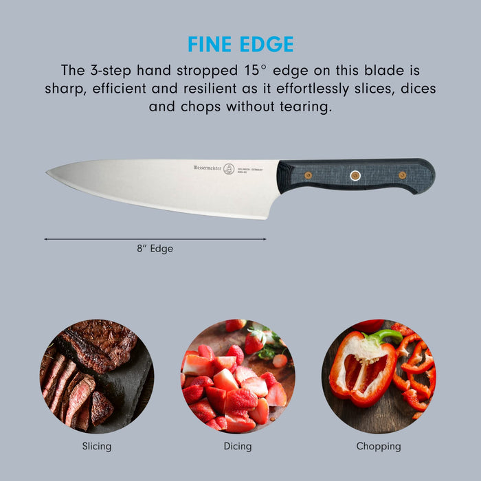 8 inch chef knife with description of fine edge and food pictures with phrases underneath displayed on a blue background