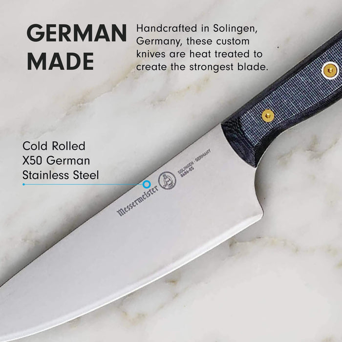 8 inch chef knife with description of being German made displayed on a marble surface