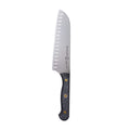 Serrated knife with a black handle on a white background