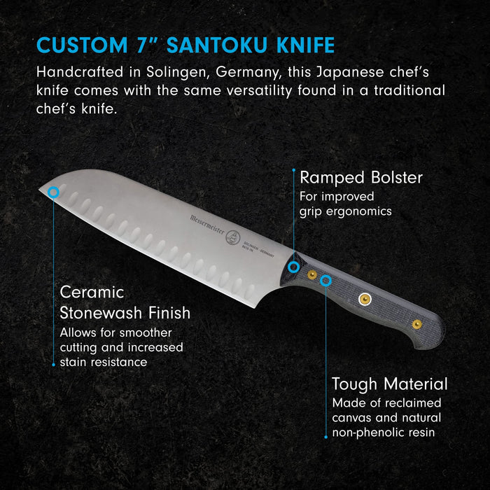 7 inch santoku knife with a description displayed on a black background