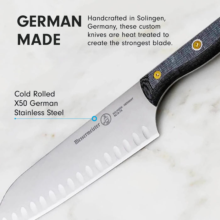 7 inch santoku knife with description of the knife being German made displayed on a marble surface