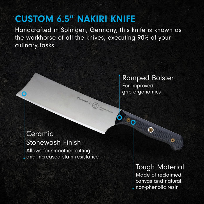 6.5 inch santoku knife with a description displayed on a black background