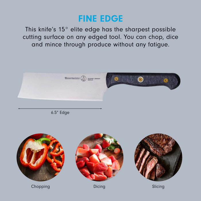 6.5 inch santoku knife with description of fine edge and pictures of food with phrases underneath displayed on a blue background