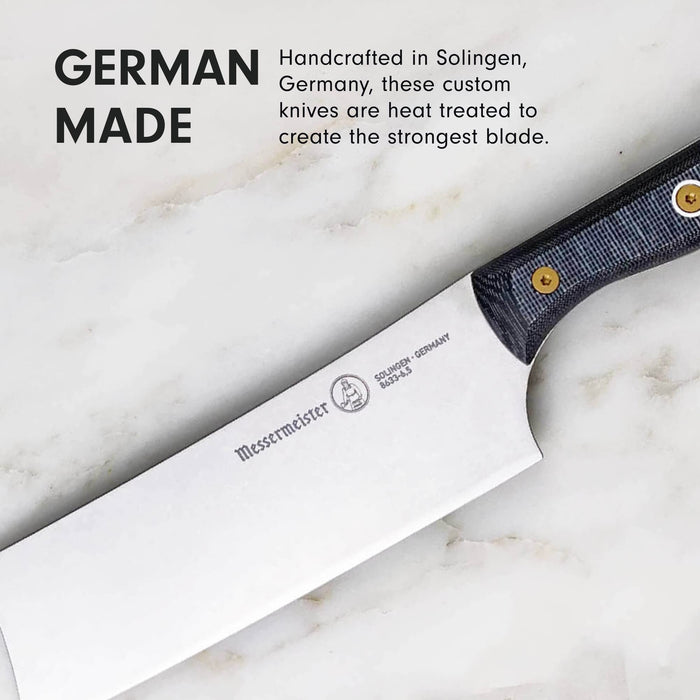 6.5 inch santoku knife with description of being German made displayed on a marble surface