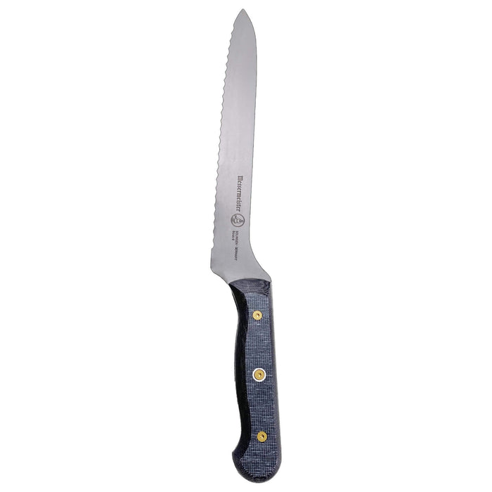 Serrated knife with a black handle on a white background