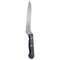 Serrated knife with a black handle on a white background