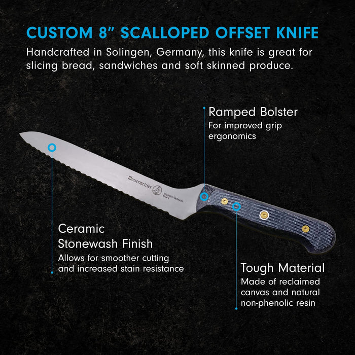 8 inch bread knife with description displayed on a black background