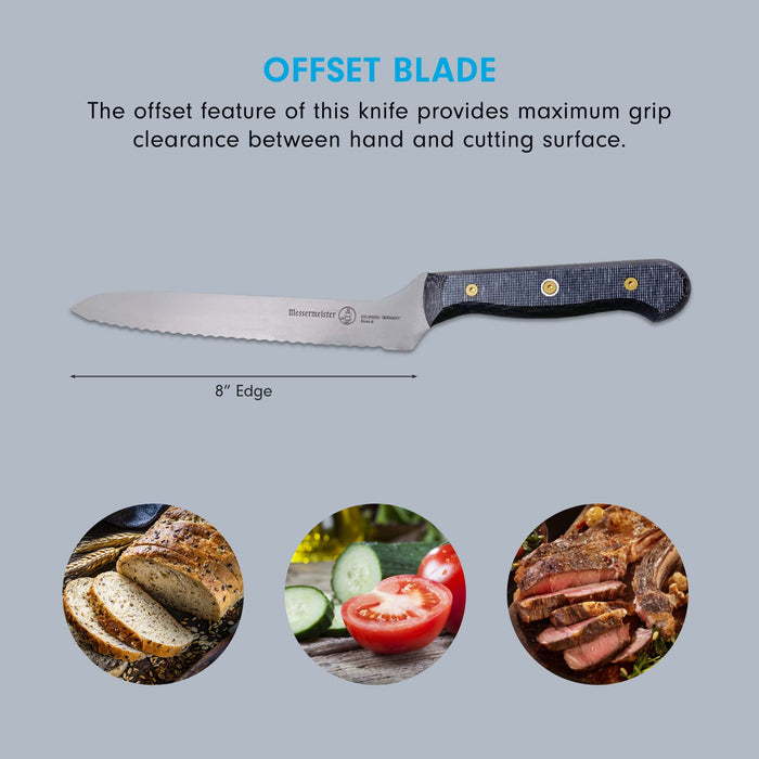 8 inch bread knife with description of offset blade and pictures of food displayed on a grey background