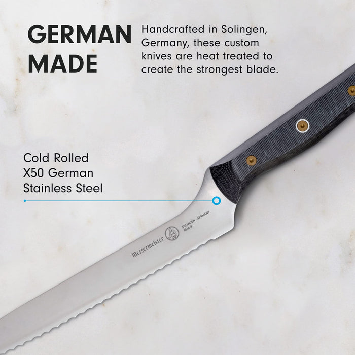 8 inch bread knife with description of being German made displayed on a marble surface
