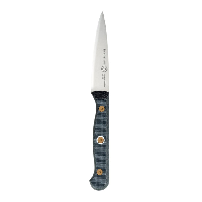 Paring knife with a black handle displayed on a white background