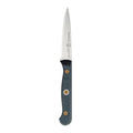 Paring knife with a black handle displayed on a white background
